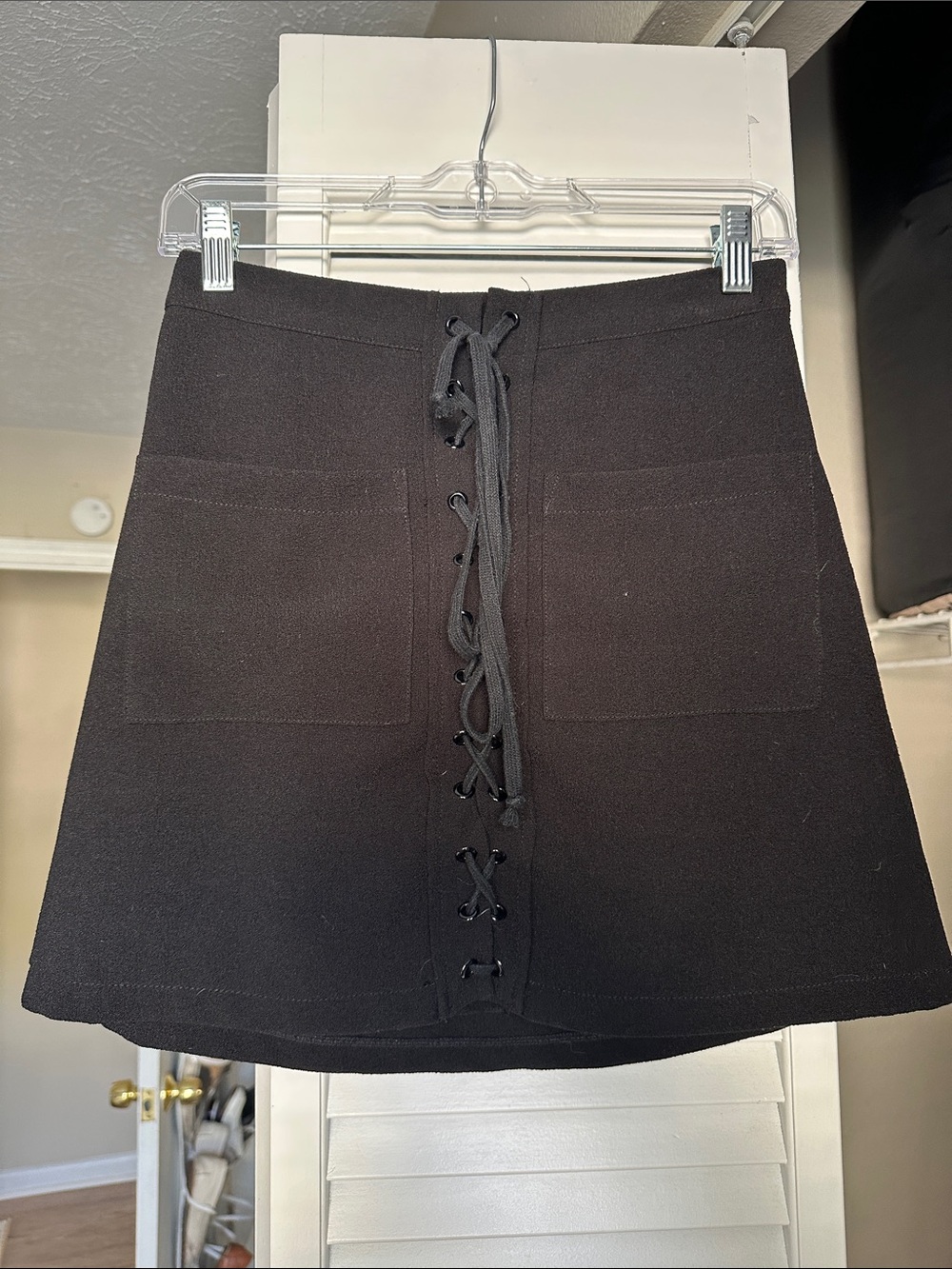 Abbeline Black Lace-Up Pocket Mini Skirt